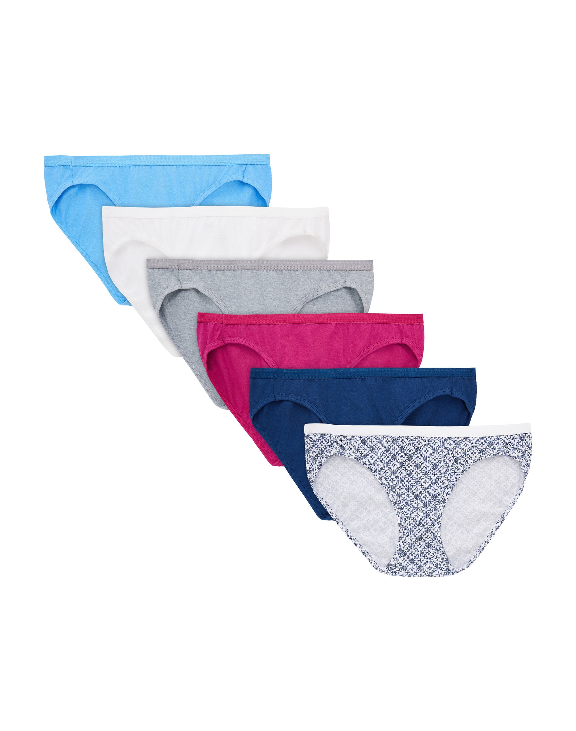 Hanes Ultimate Women's Breathable Cotton Bikini Underwear, 6-Pack Swiss Blue/White/Concrete Heather/Fresh Berry/Navy Eclipse/ Crochet Boho Print 5