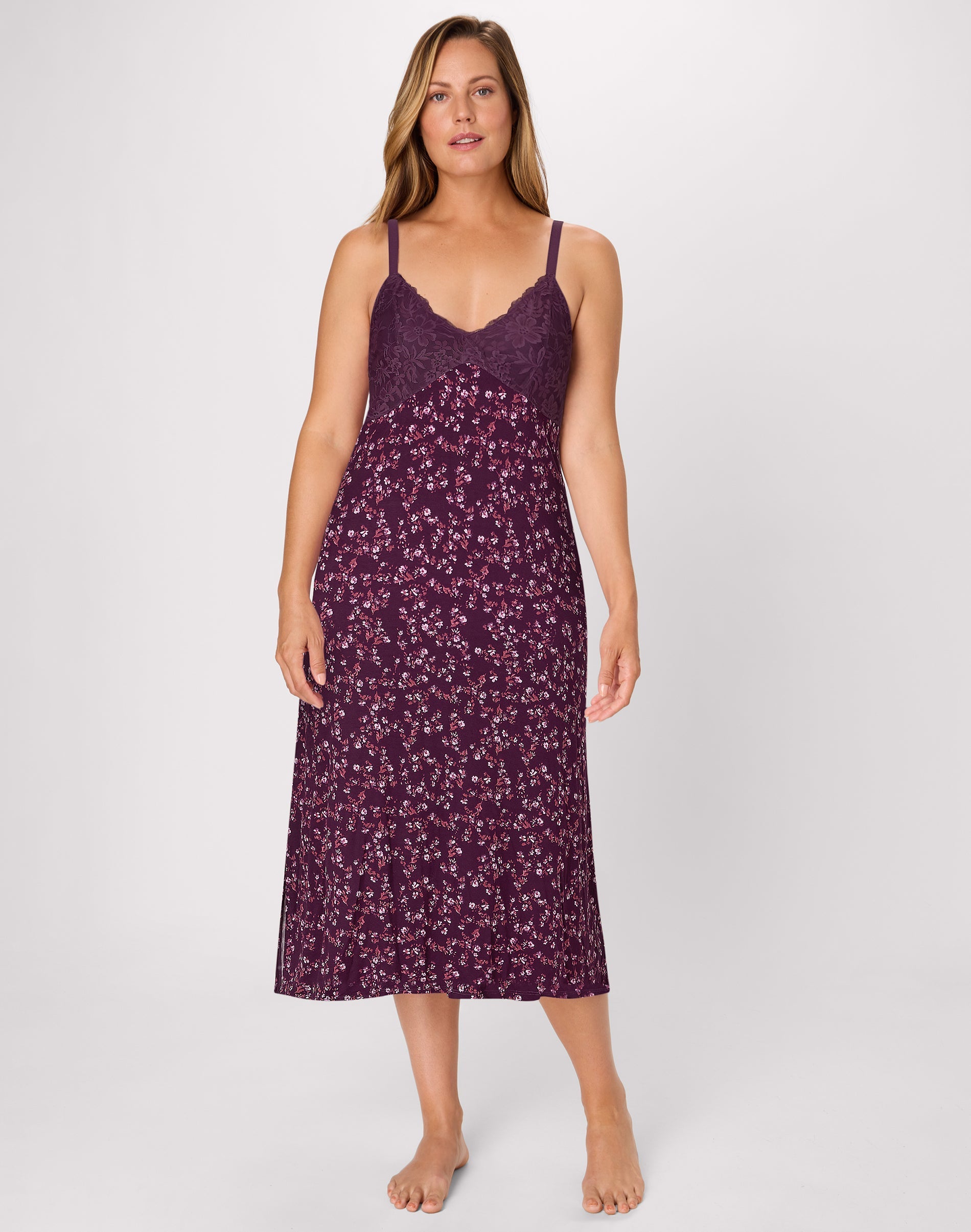 Bali Breathe Nightgown, Lace Trim Mini Sugarplum Floral Print S Women's