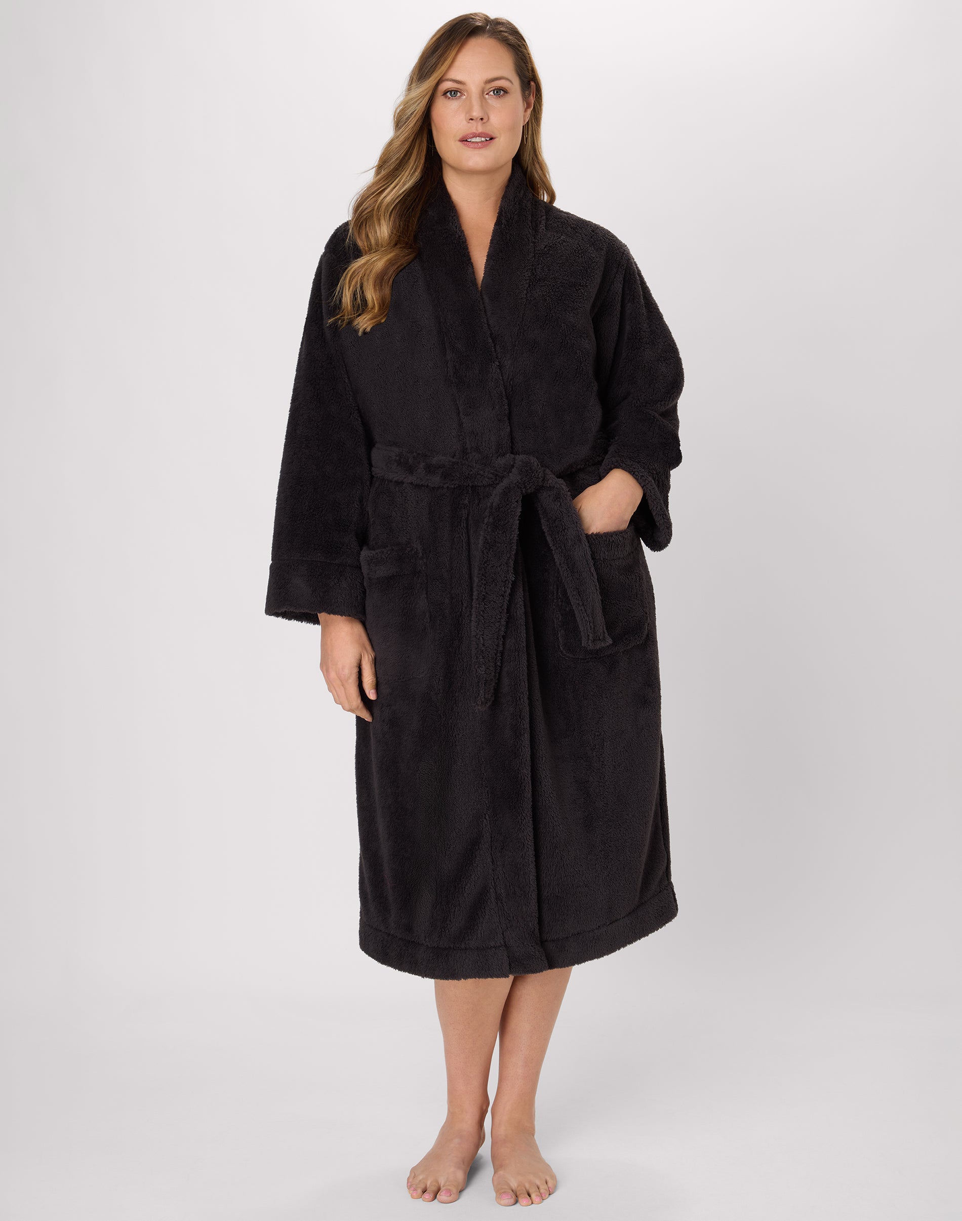 Bali Breathe Women's Robe, Plush Loungewear, Cozy Fleece Black S/M