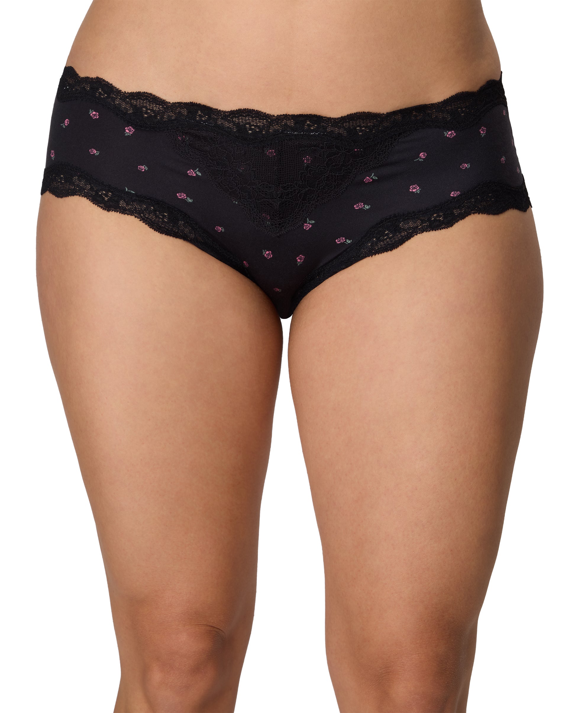 Maidenform Cheeky Hipster Underwear, Lace & Soft Microfiber Black Rosebud Romance Print M Women's