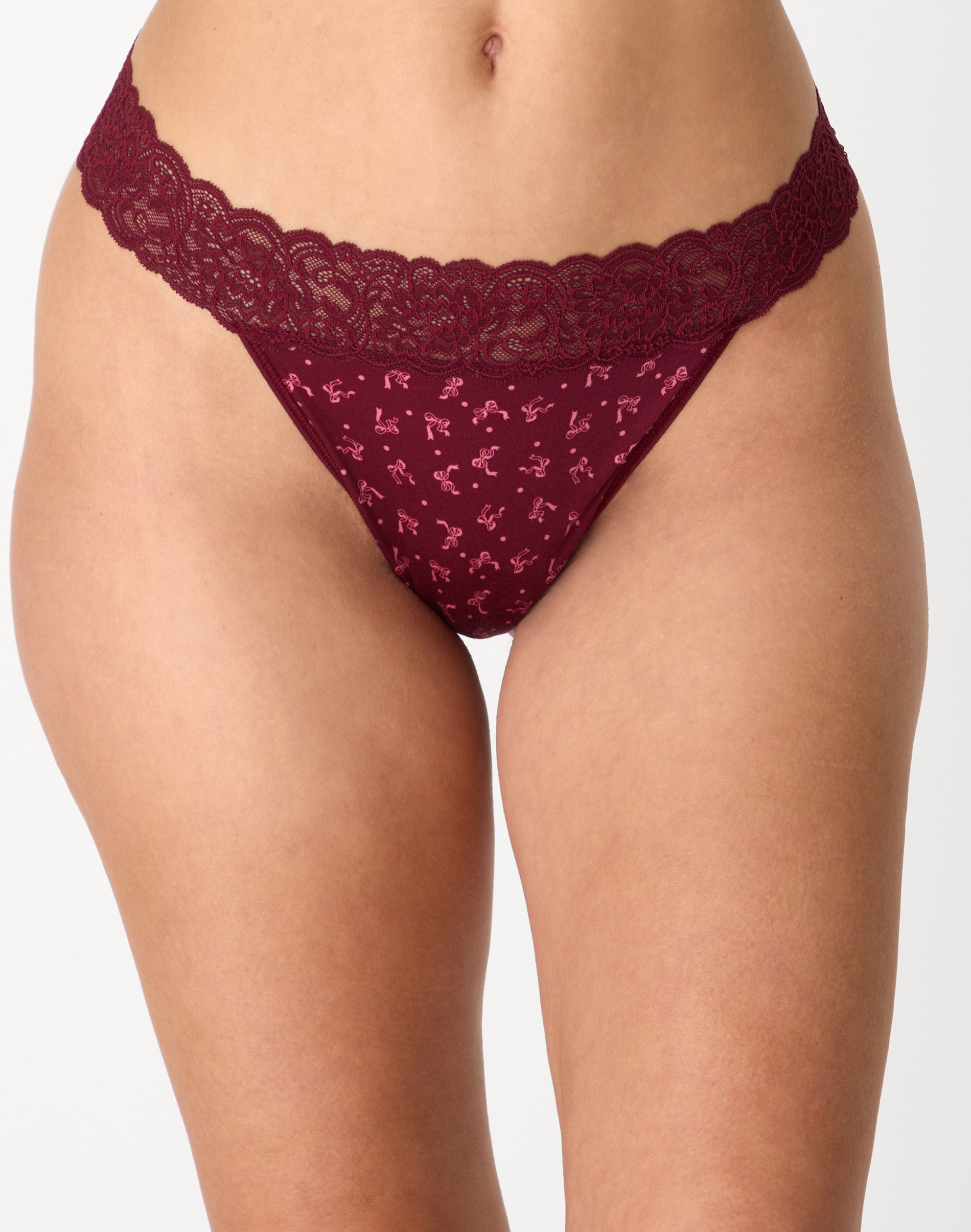 Maidenform Microfiber Lace Thong Berry Fancy Bow Print 2XL Women's