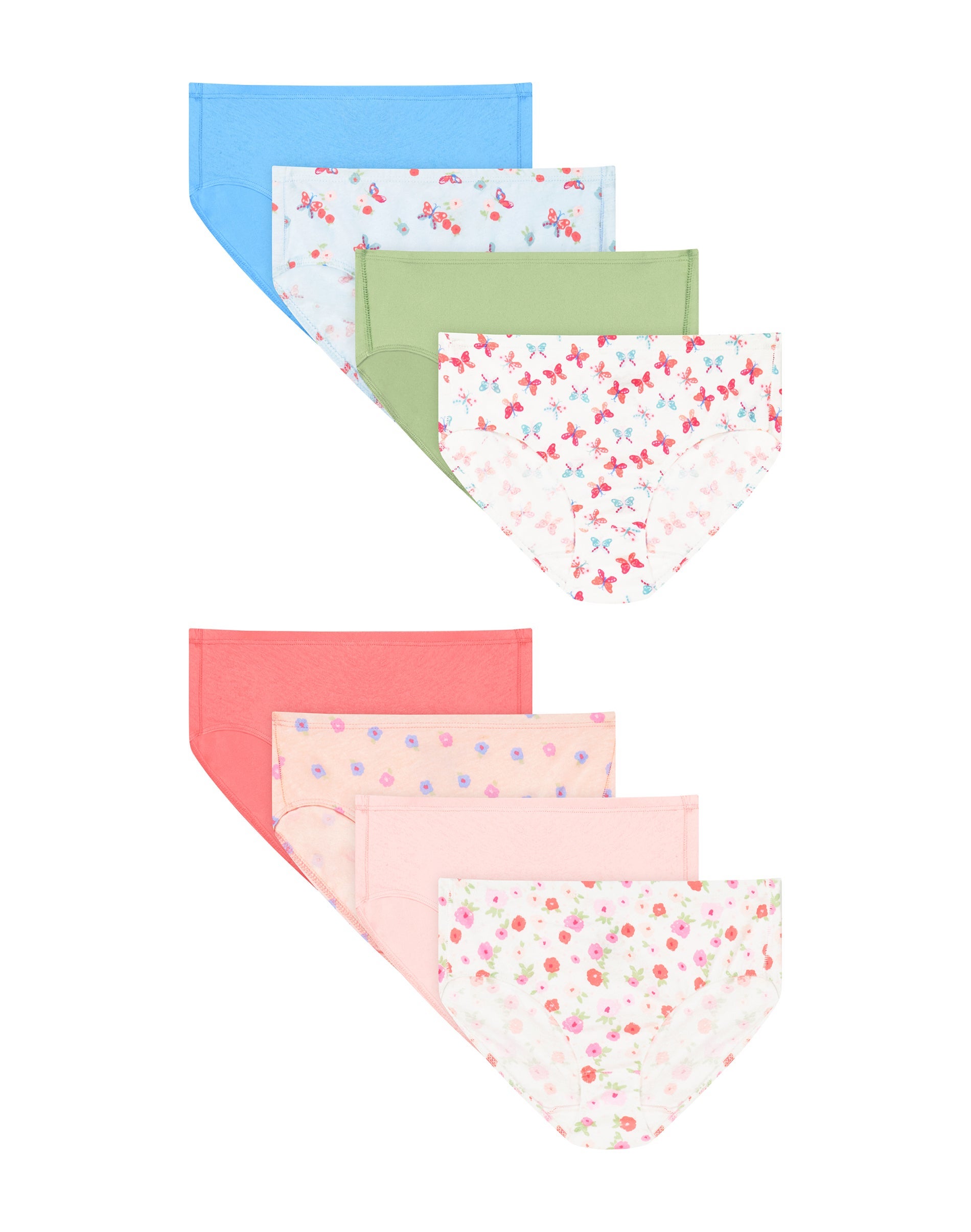 Hanes Ultimate Pure Comfort Girls' Brief Underwear, Cotton, 8-Pack Swiss Blue Tonal/Peach Flowers/Pinky Peach/Pink & White Flowers/Butterflies/Equi...