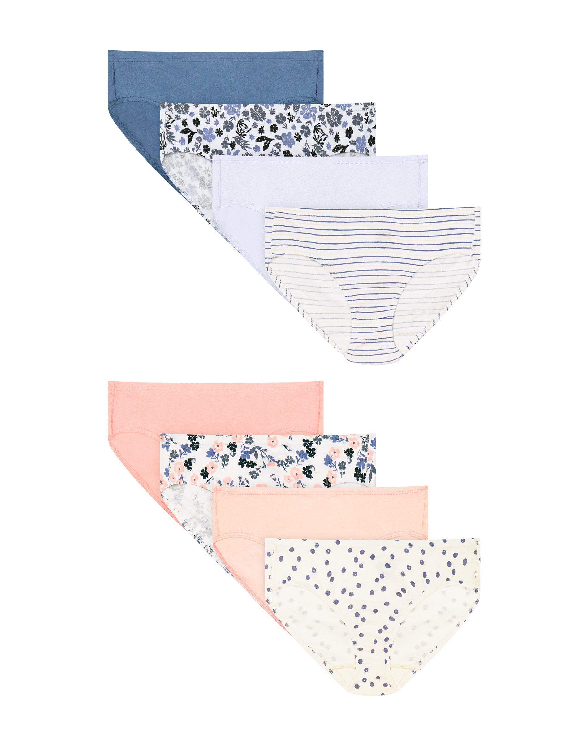 Hanes Ultimate Pure Comfort Girls' Hipster Underwear, Cotton, 8-Pack Cameo Peach/Dots On Ivory/Misty Mountain/Flowers White/Flowers Misty Morning/P...