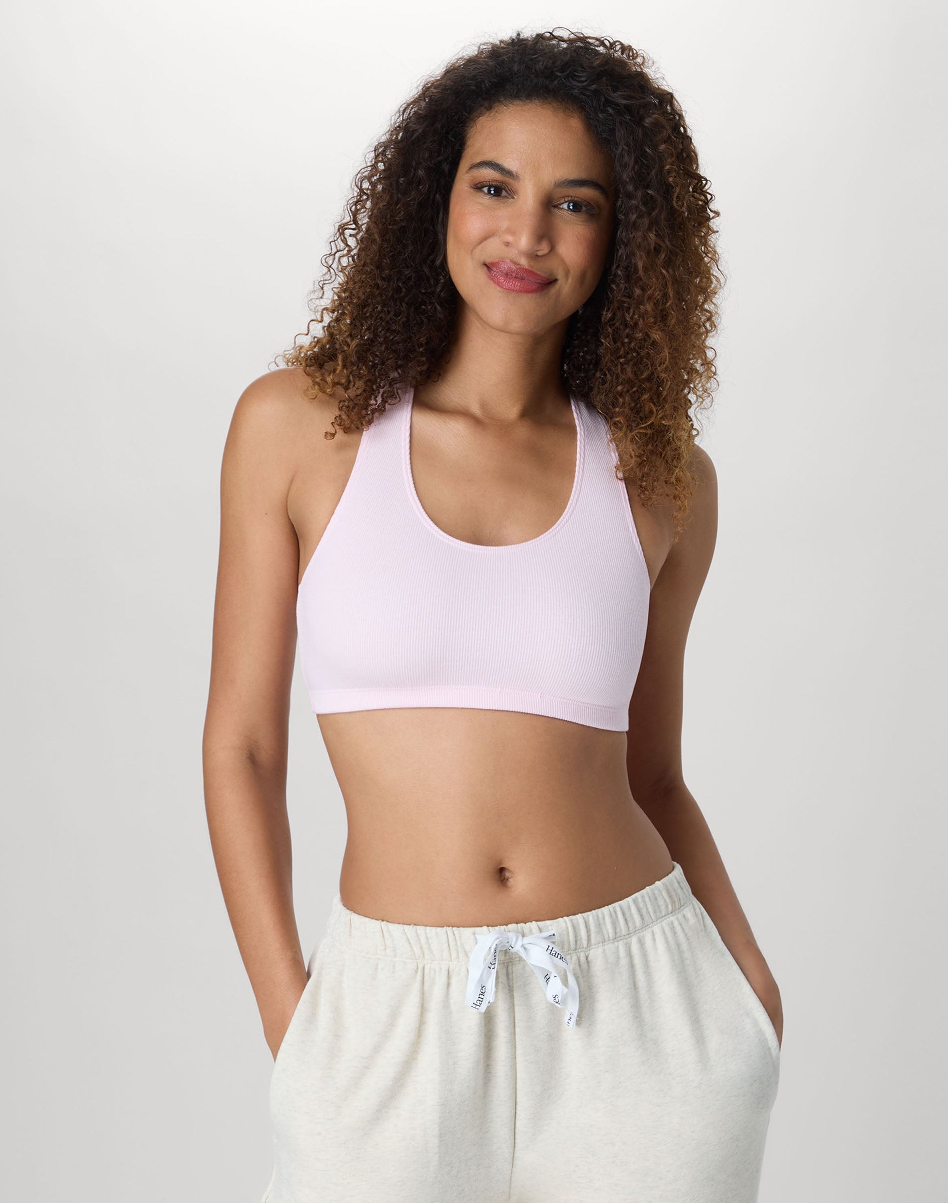 Hanes Women's Cotton Racerback Sports Bralette, Low Impact, 3-Pack Infinity Purple/Pink Crystal/Ballerina Slipper Rib XS