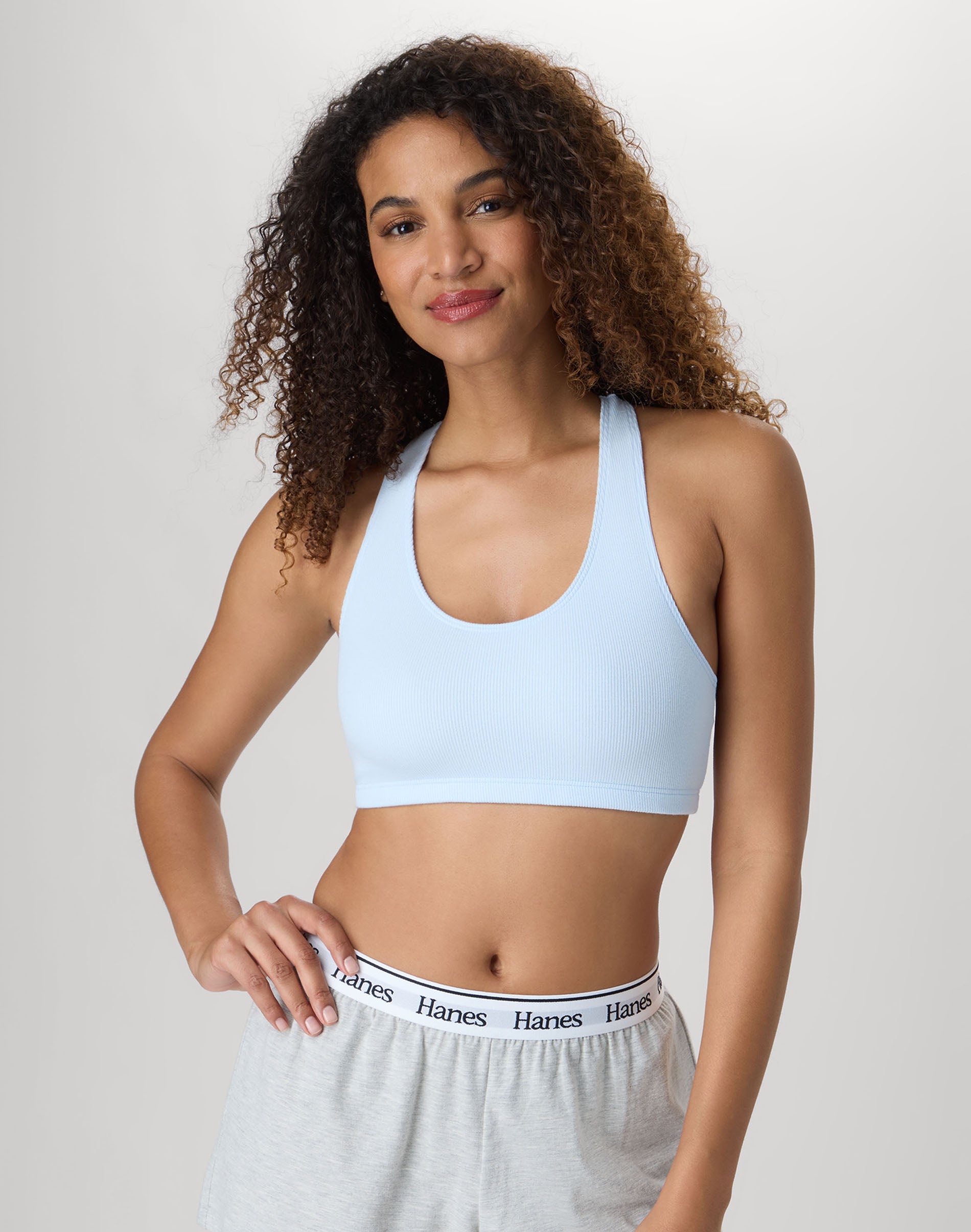Hanes Women's Cotton Racerback Sports Bralette, Low Impact, 3-Pack Magical Blue/Concrete Pe Heather/Smooth Blue Rib 2XL