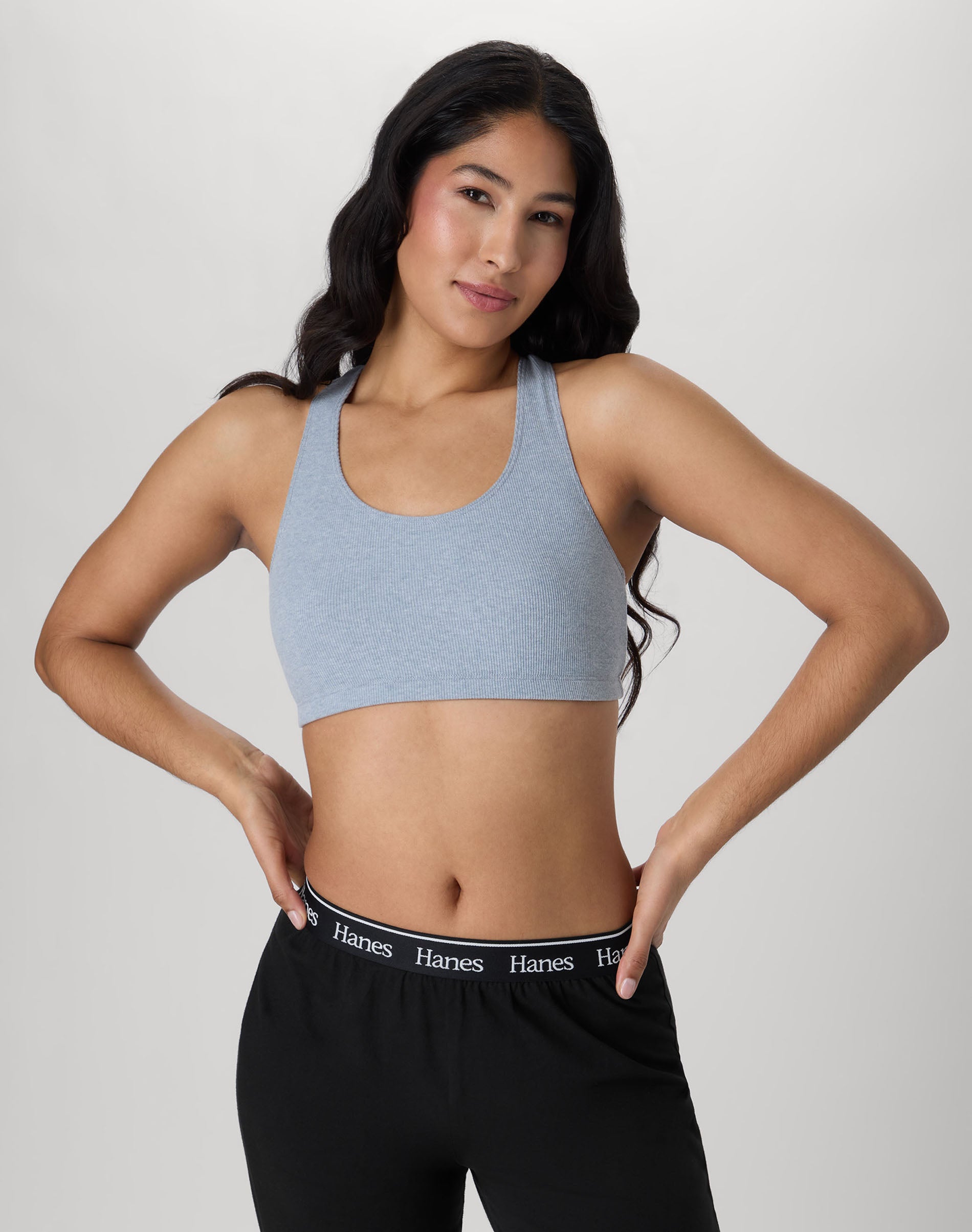 Hanes Women's Cotton Racerback Sports Bralette, Low Impact, 3-Pack Black/Concrete Pe Heather/White Rib 2XL