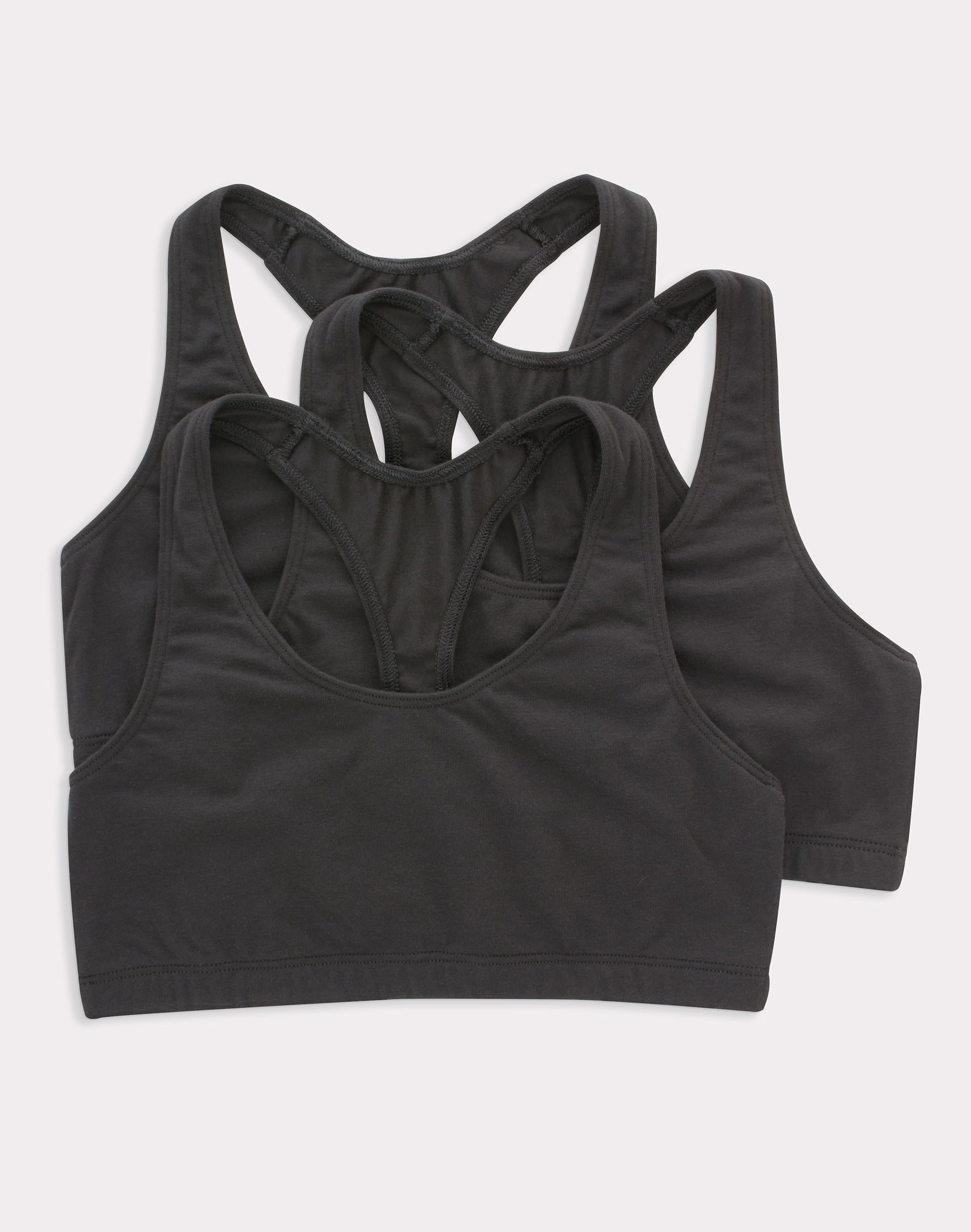 Hanes Women's Cotton Racerback Sports Bralette, Low Impact, 3-Pack Black/Black/Black L