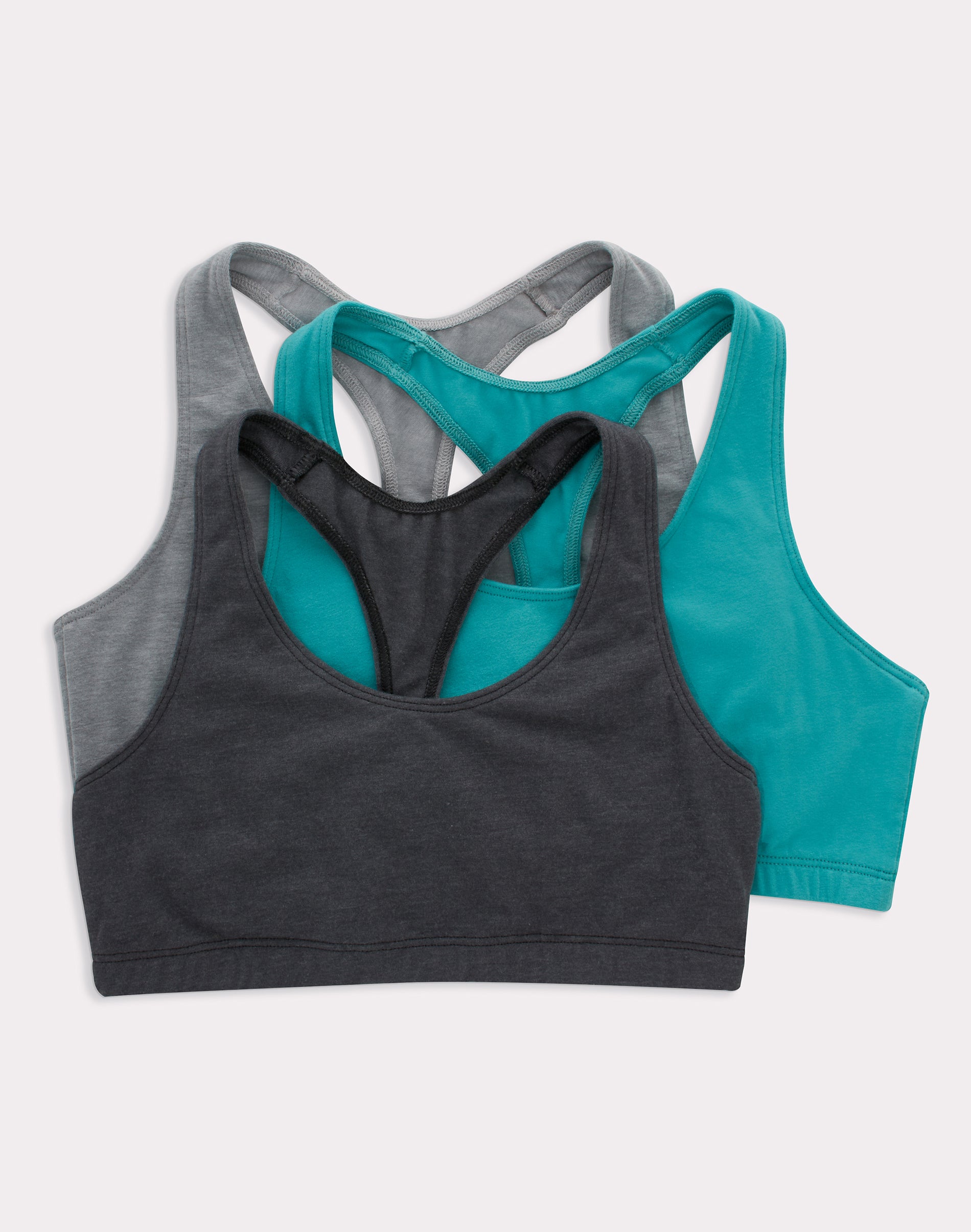 Hanes Women's Cotton Racerback Sports Bralette, Low Impact, 3-Pack Concrete Pe Heather/Isle Green/Black S