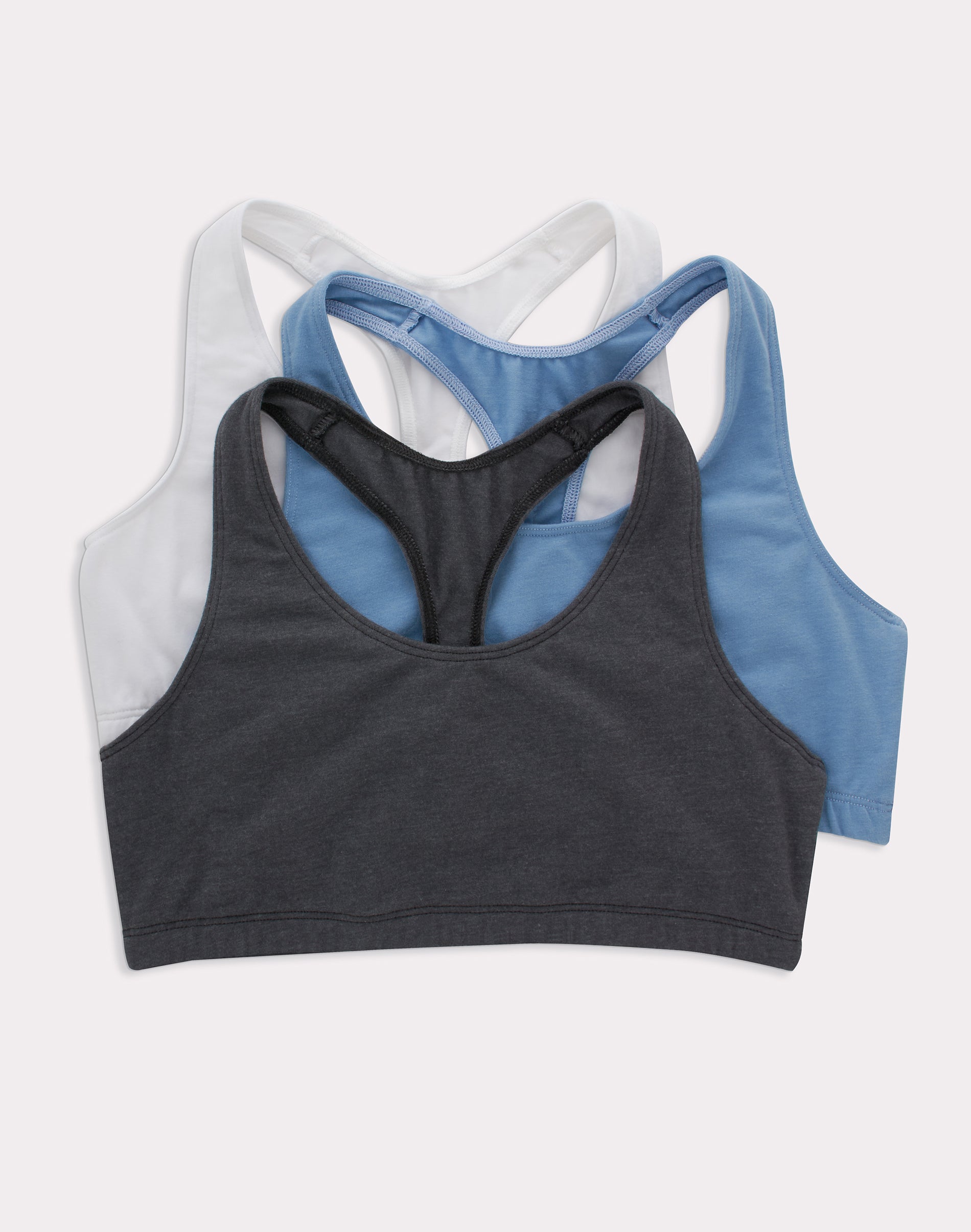 Hanes Women's Cotton Racerback Sports Bralette, Low Impact, 3-Pack White/Denim Jacket Blue Heather/Black L