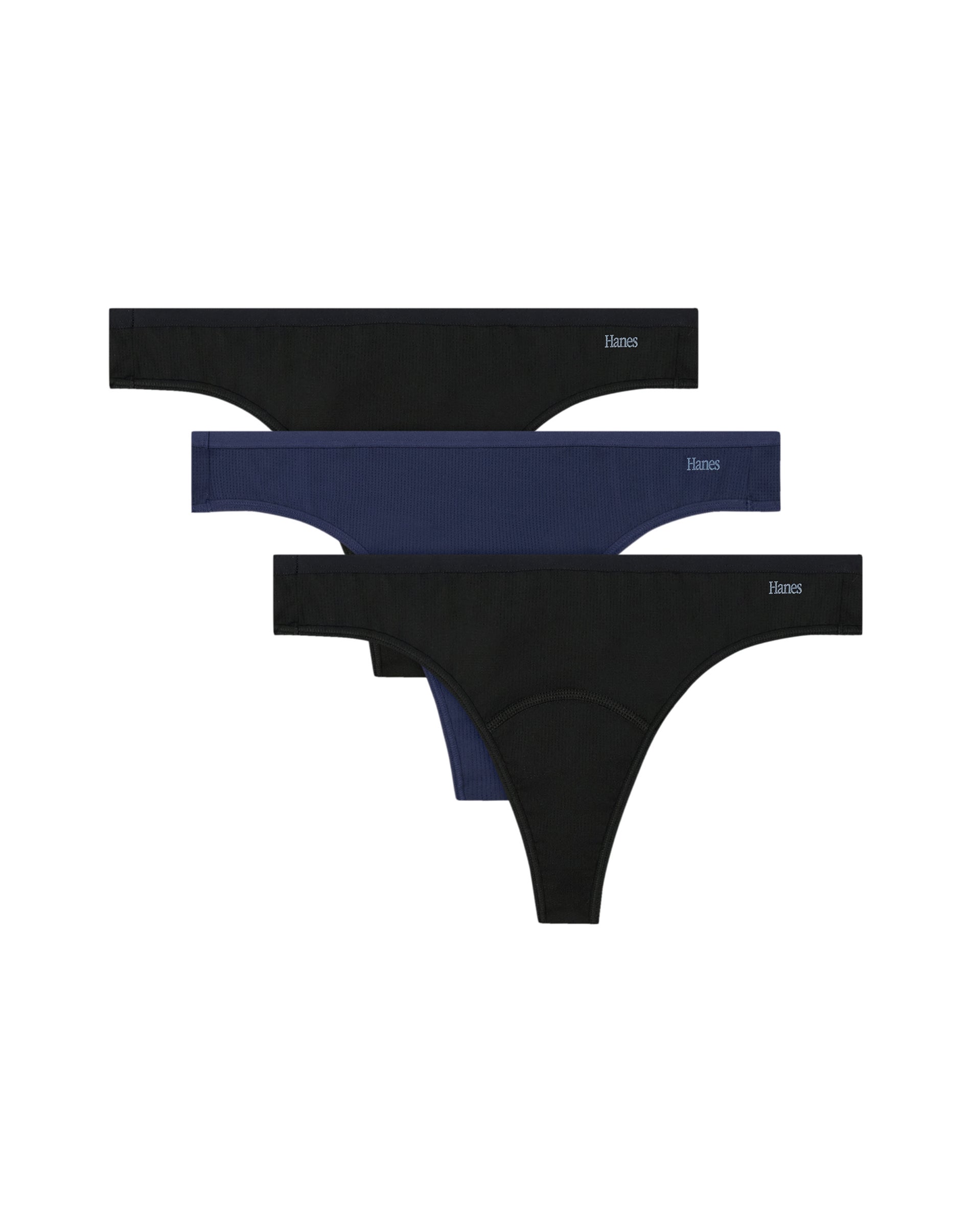 Hanes Women's Period Underwear Thongs, 3-Pack, Comfort, ., Light Protection Black/Indigo/Black S