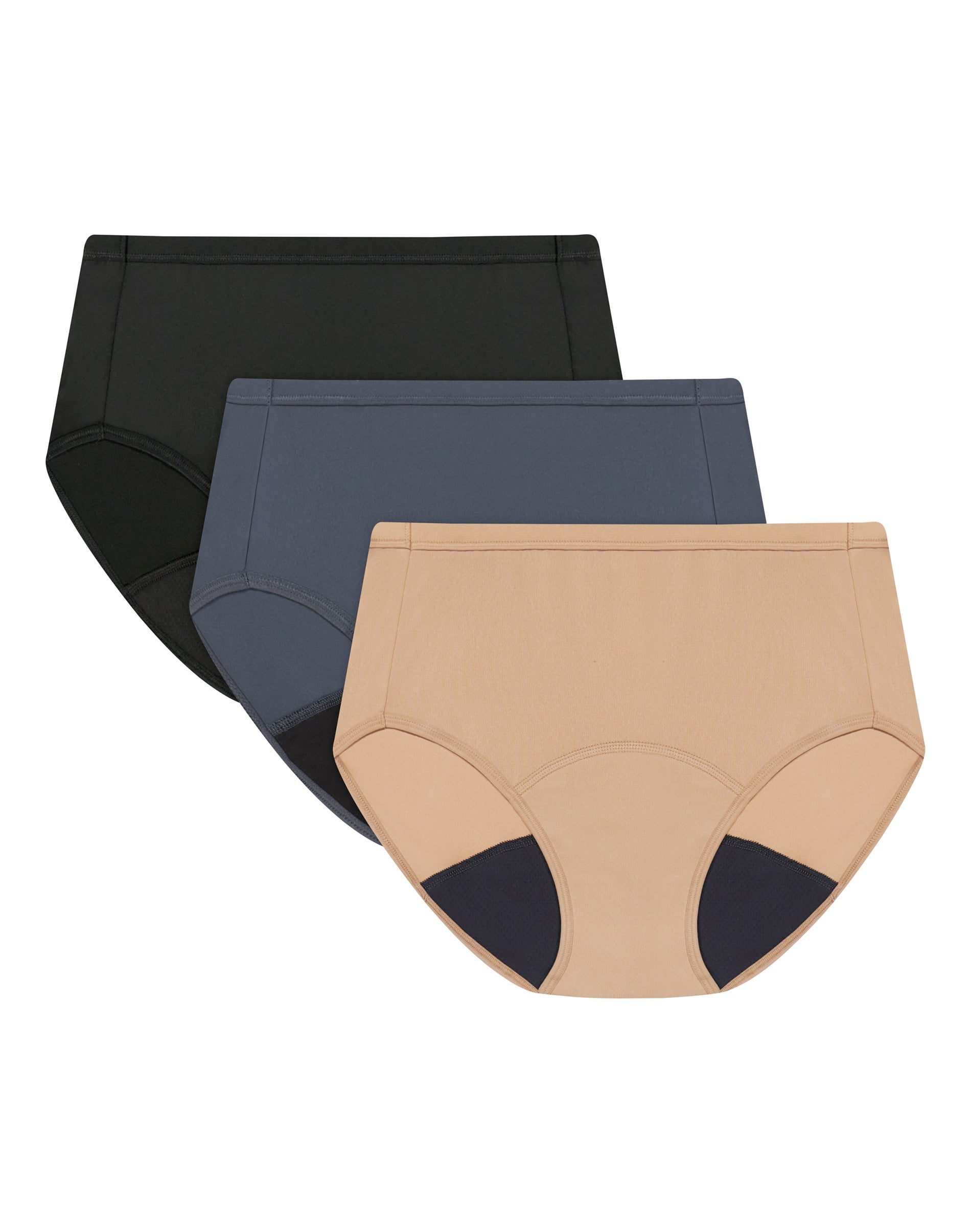 Hanes Comfort, Period. Women's Underwear Briefs Pack, 3-Pack, Light Bladder Leak Protection Black/Grey/Beige M