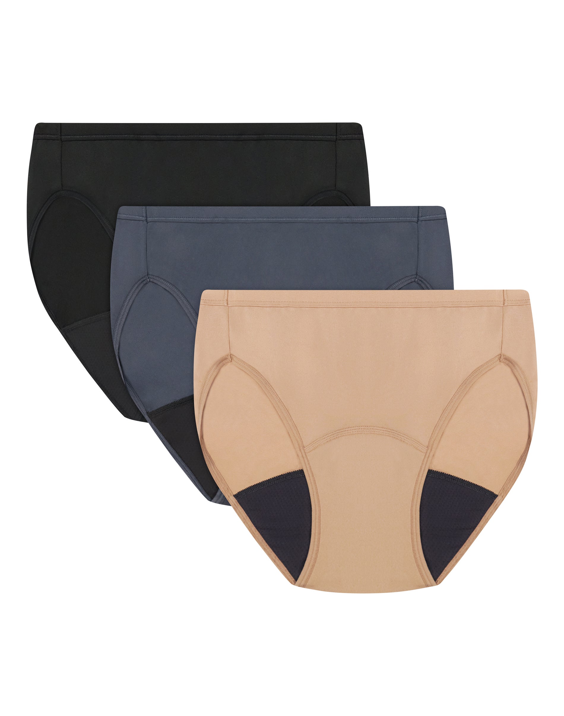 Hanes Comfort, Period. Women's Underwear High-Cut Pack, 3-Pack, Light Bladder Leak Protection Black/Grey/Beige 2XL