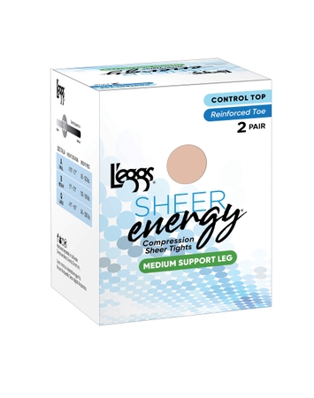 L'eggs Sheer Energy Medium Support Compression Tights, Reinforced Toe, 2-Pairs