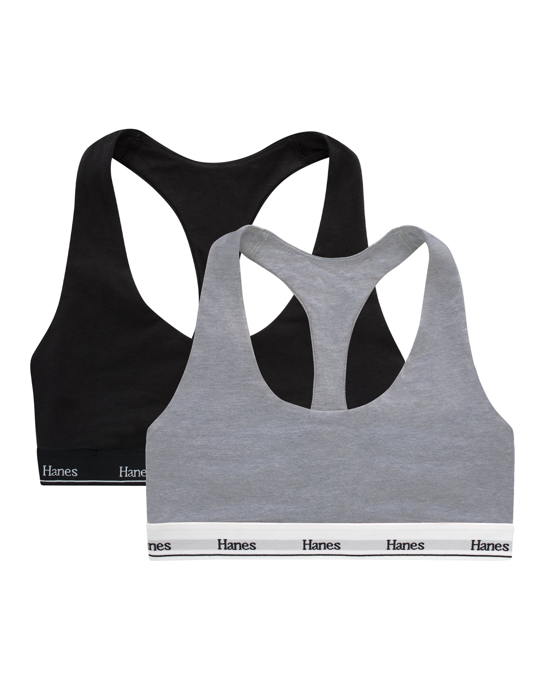 Hanes Originals Racerback Bralette, Breathable Stretch Cotton, 2-Pack Black/Concrete Heather L Women's