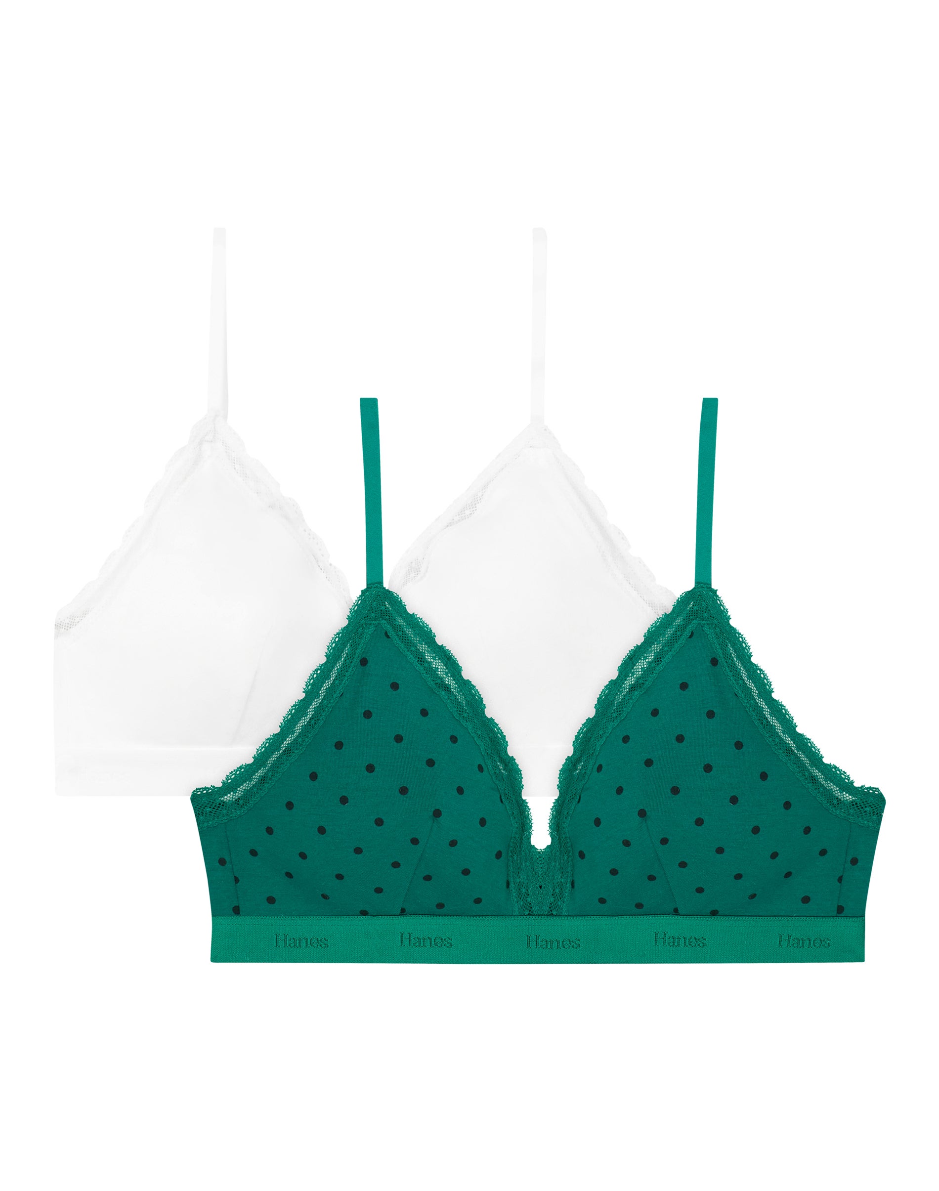 Hanes Originals Women's Stretch Cotton Triangle Bralette, Holiday Prints, 2-Pack Green Dot Lace/White Lace XL