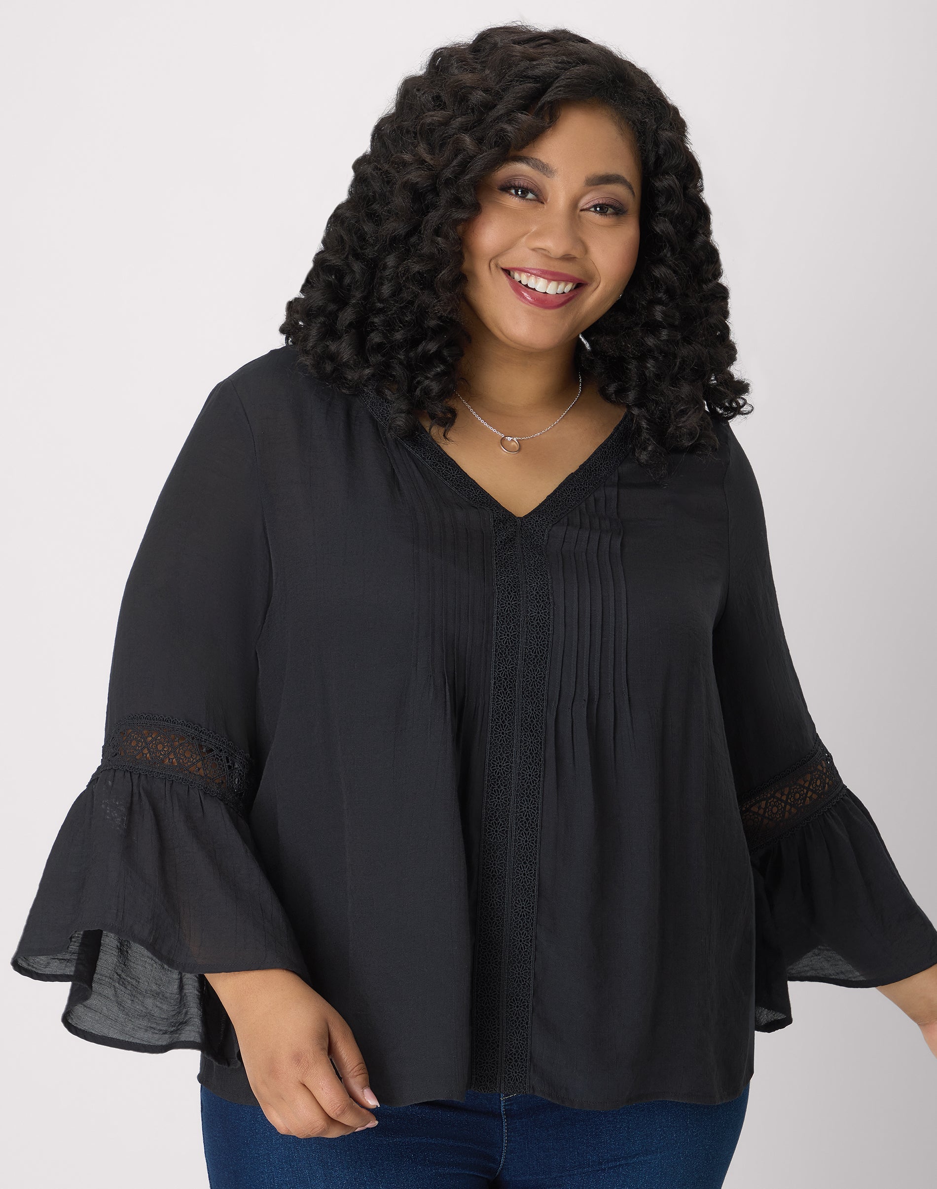 Hanes Just My Size Sydney Women's Peasant Top - Long-Sleeve Blouse with Lace - 28" Length - Plus Jet Black 1X