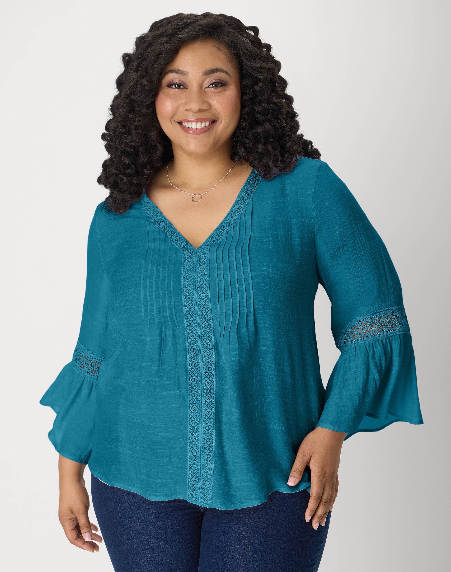 Hanes Just My Size Sydney Women's Peasant Top - Long-Sleeve Blouse with Lace - 28" Length - Plus Mosaic Blue 4X