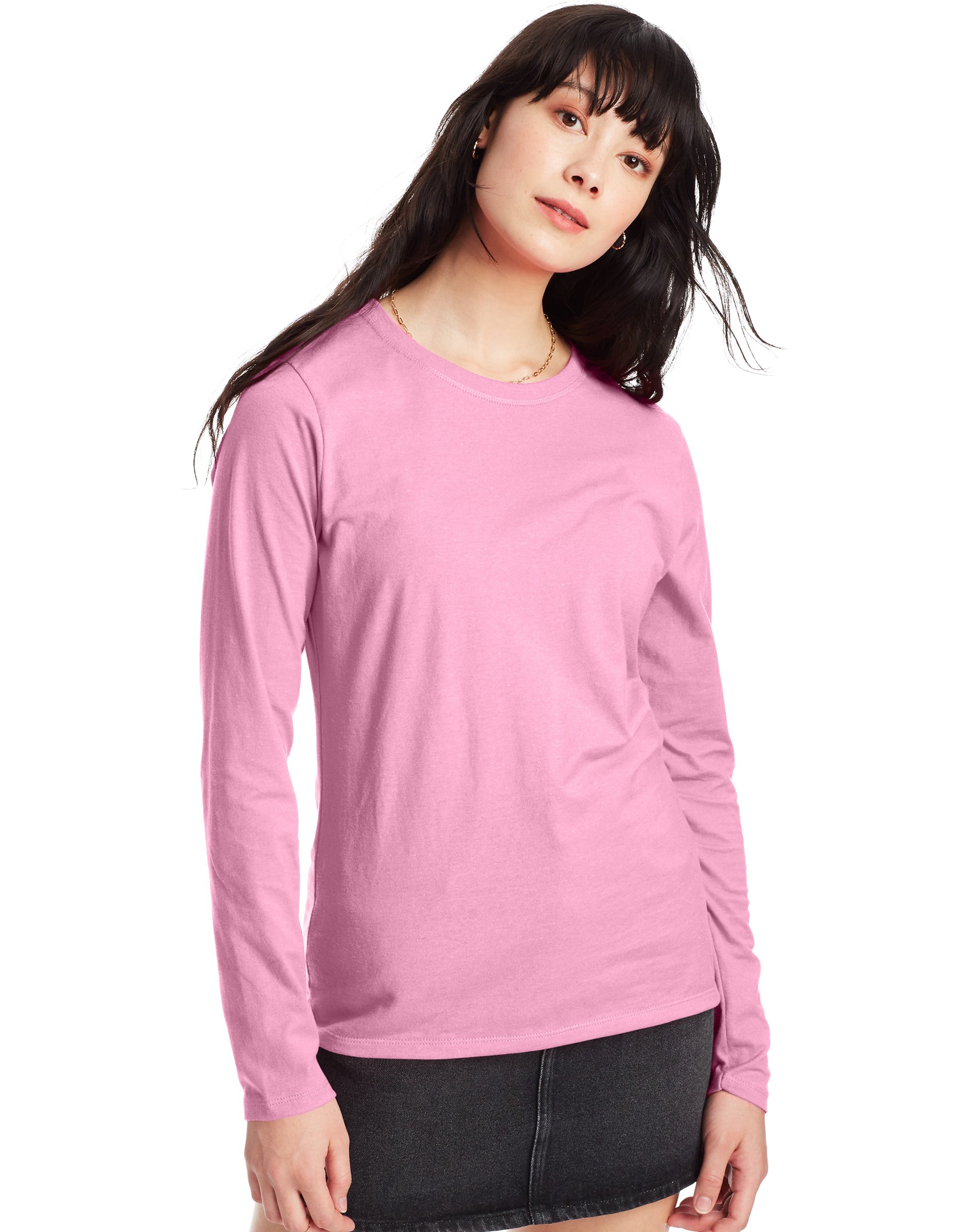 Hanes Womens Long Sleeve Cotton T-Shirt Pink Swish M