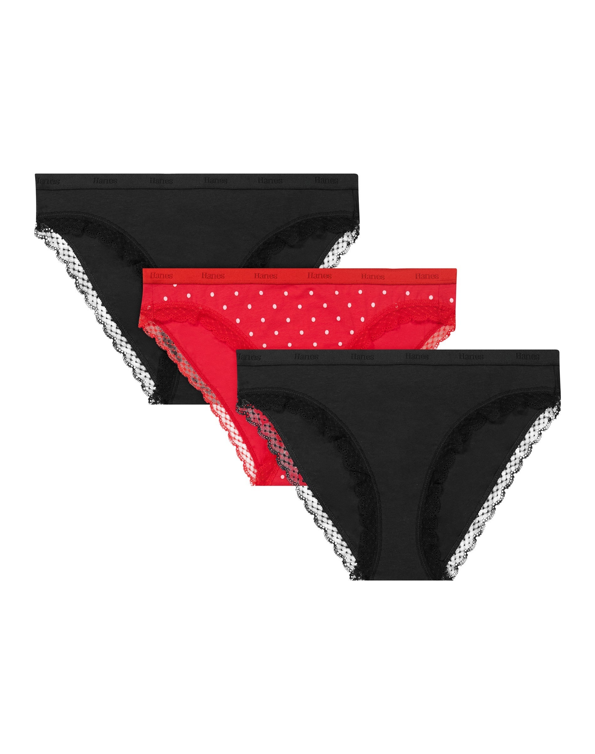 Hanes Originals Women's Underwear Bikini Pack - 3-Pack - Cotton-Stretch - Moisture-Wicking Black/Red Dot/Black M