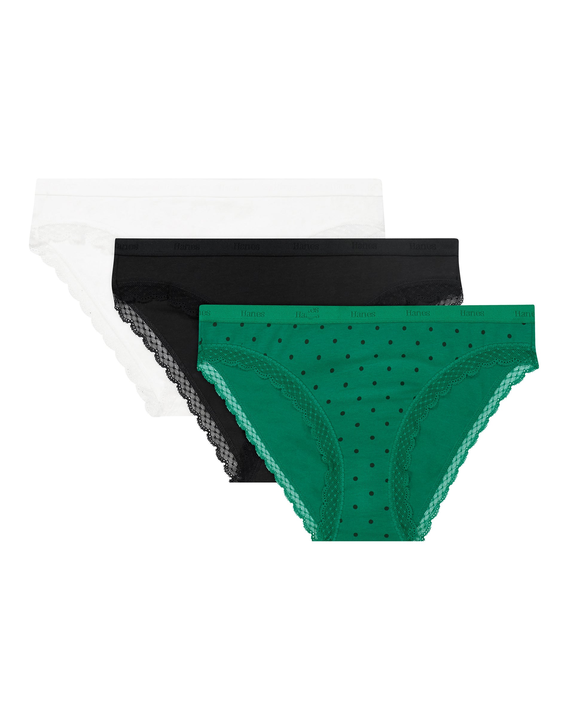 Hanes Originals Women's Underwear Bikini Pack - 3-Pack - Cotton-Stretch - Moisture-Wicking White/Black/Green Dot M