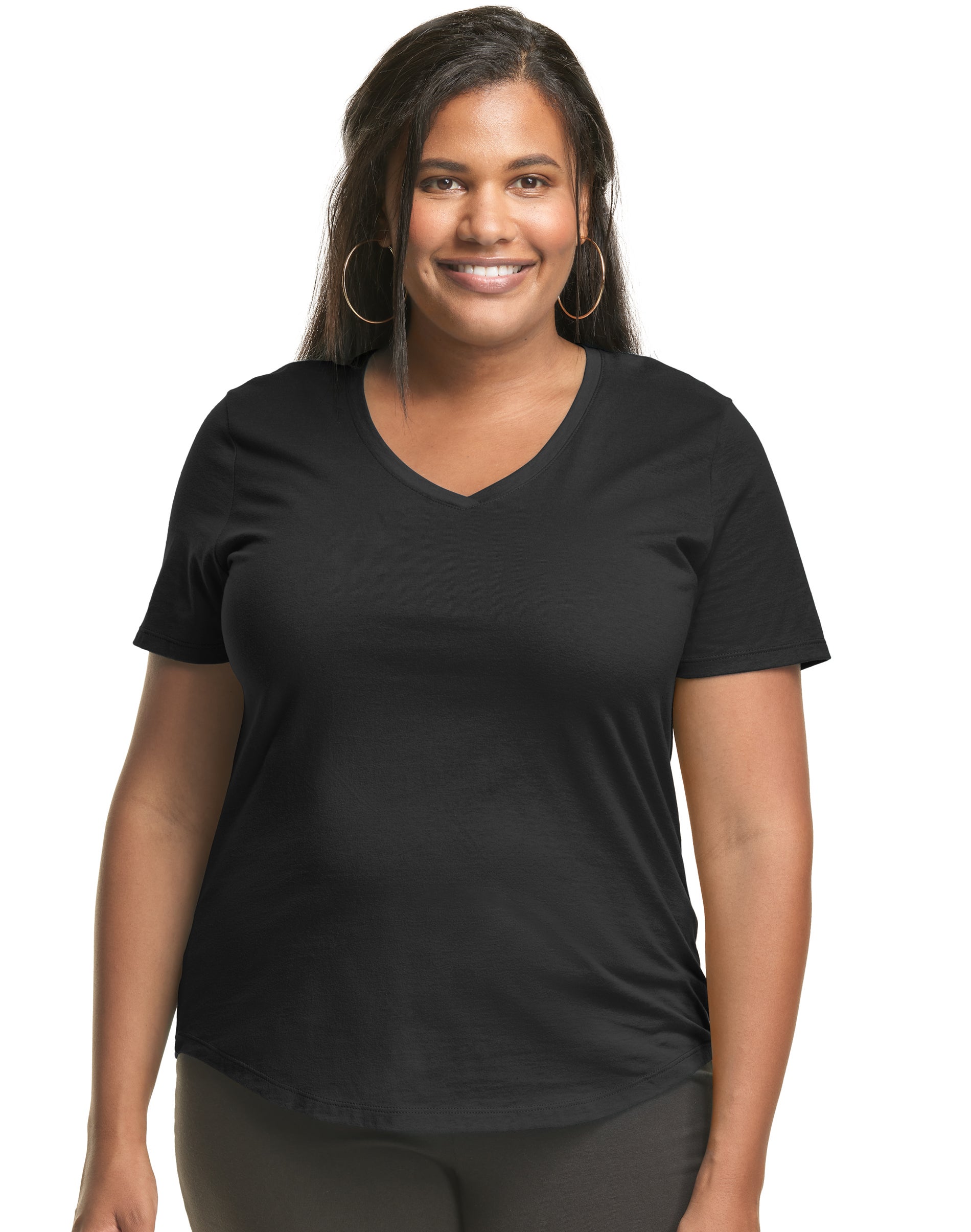 Hanes Just My Size Cotton Jersey Short Sleeve V-Neck T-Shirt (Plus ) Black 2X Women's