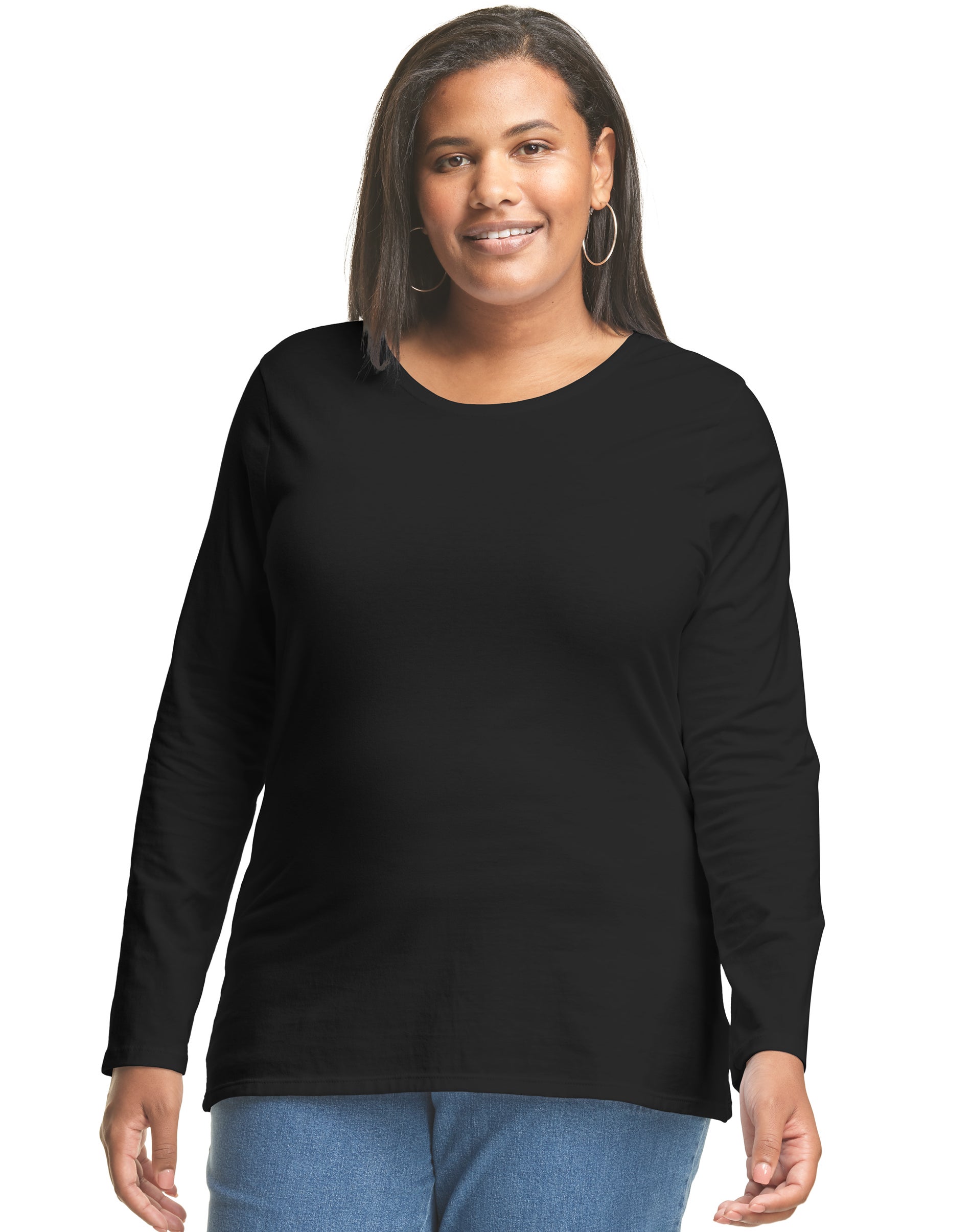 Hanes Women's Long Sleeve Scoop-Neck Cotton T-Shirt (Plus Size) Ebony 4X