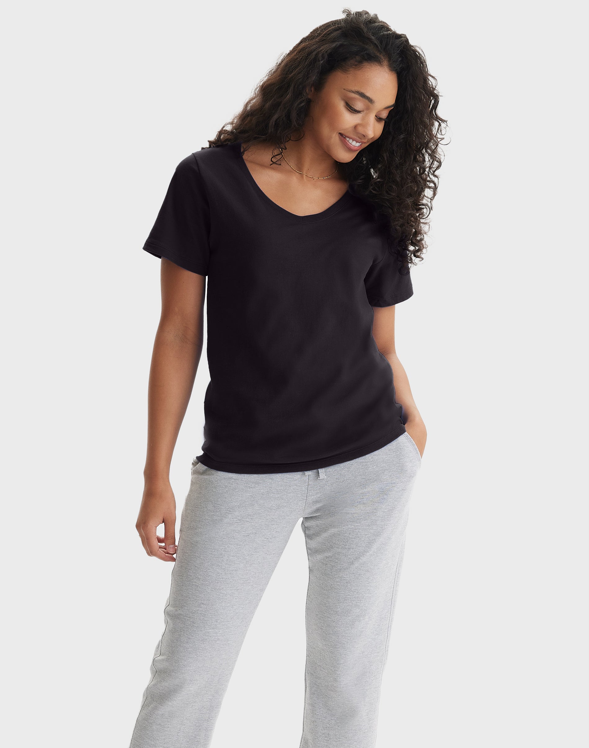 Hanes Perfect-T Women's V-Neck Cotton T-Shirt Black S