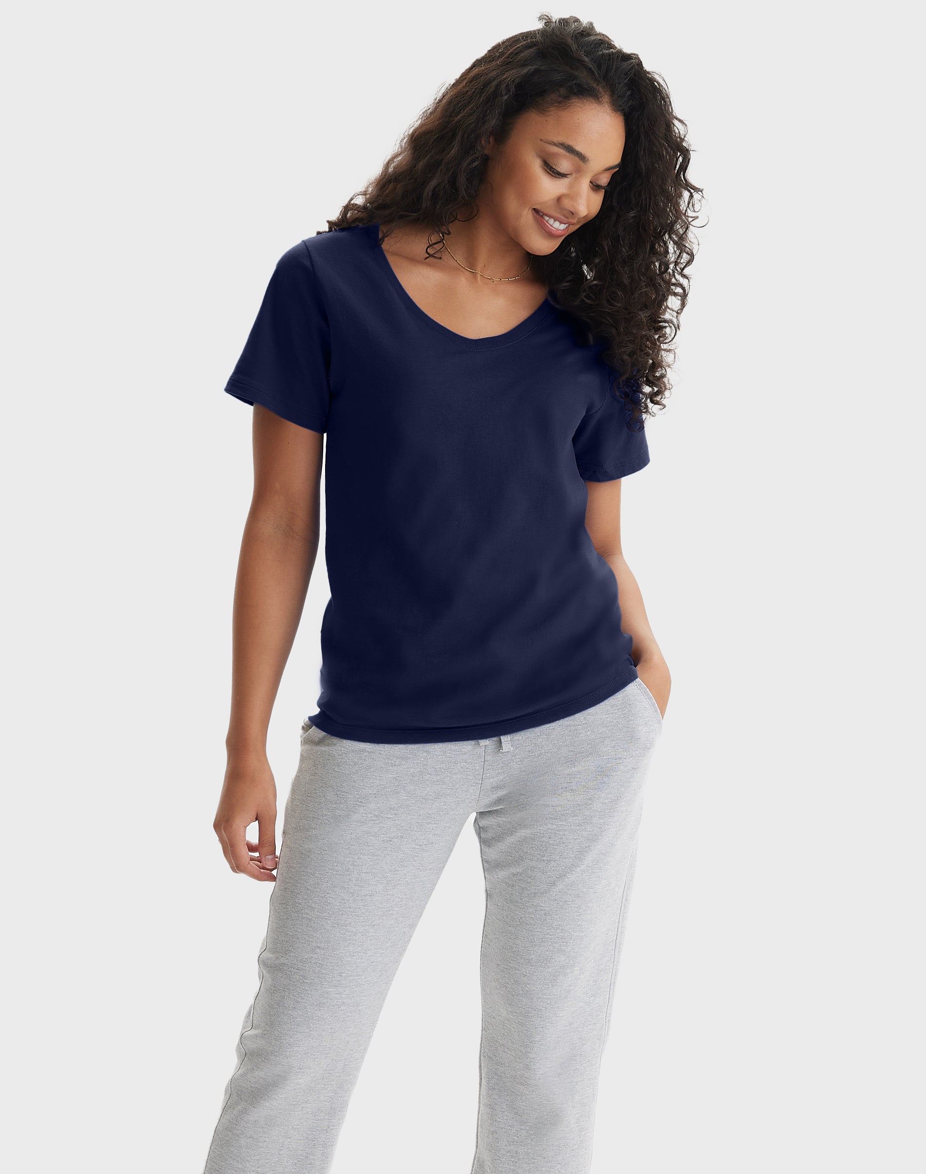 Hanes Perfect-T Women's V-Neck Cotton T-Shirt Navy XL