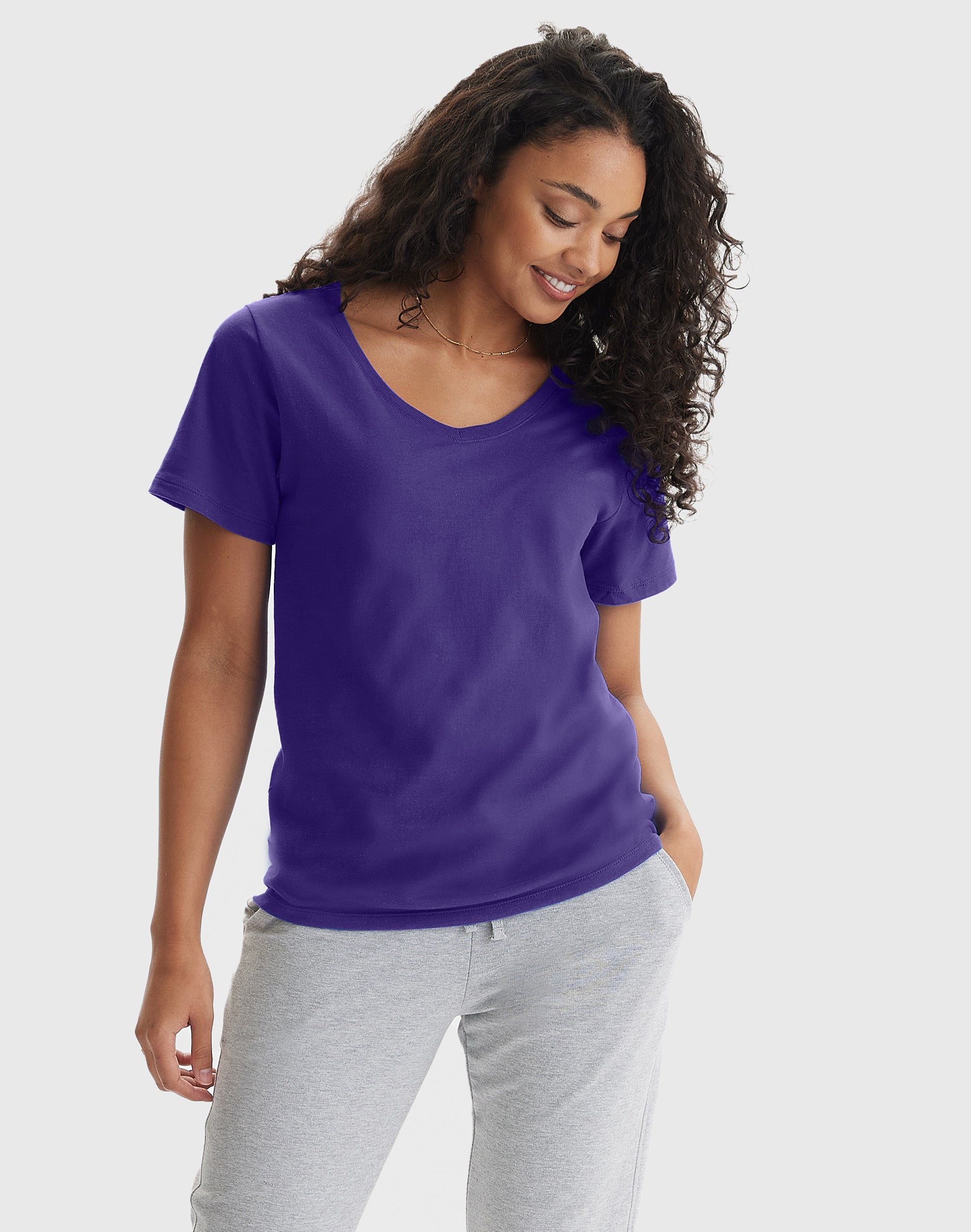 Hanes Perfect-T Women's V-Neck Cotton T-Shirt Purple L