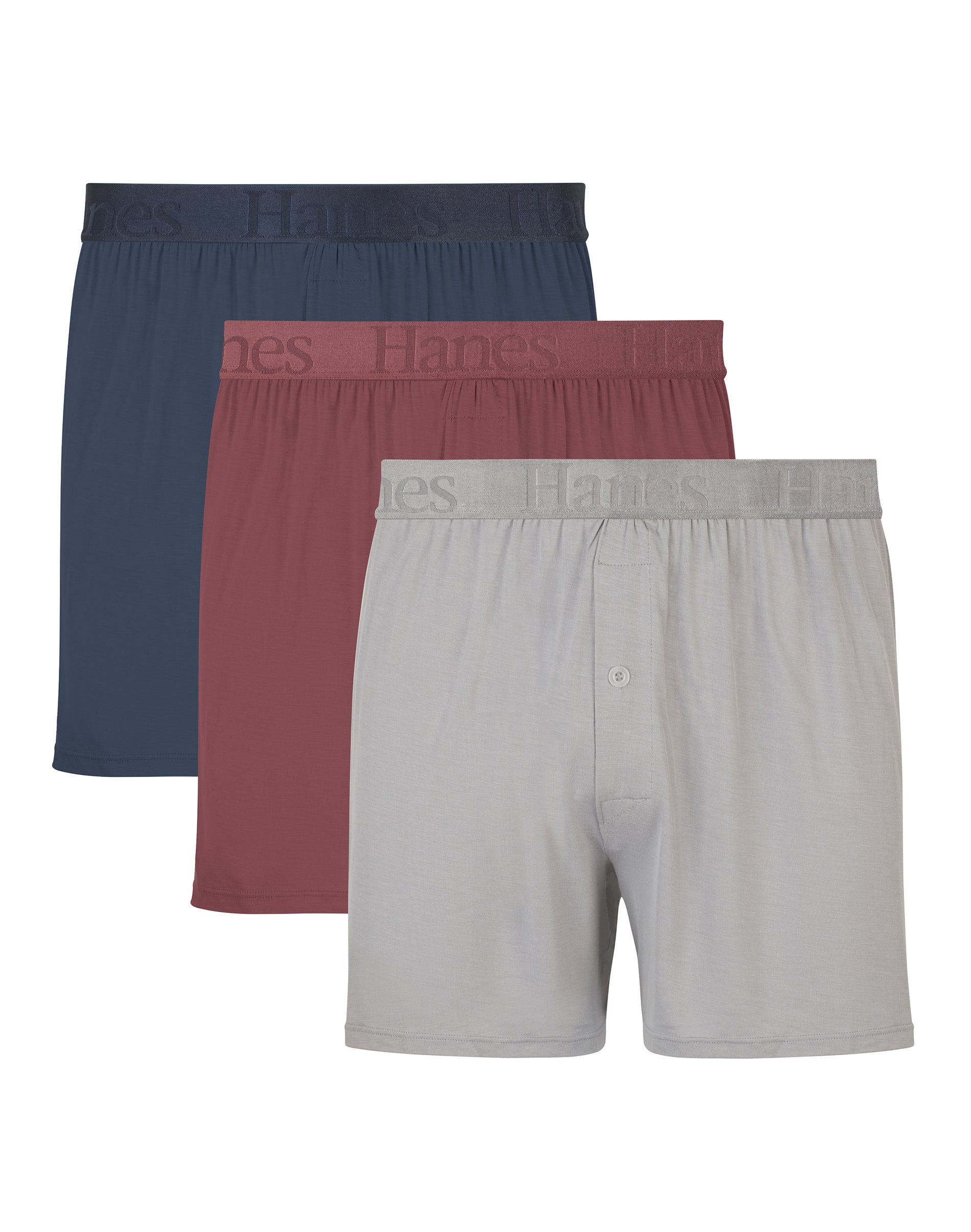 Hanes Originals Ultimate Men's SuperSoft Knit Boxer Underwear, Blue/Grey/Red, 3-Pack Assorted L