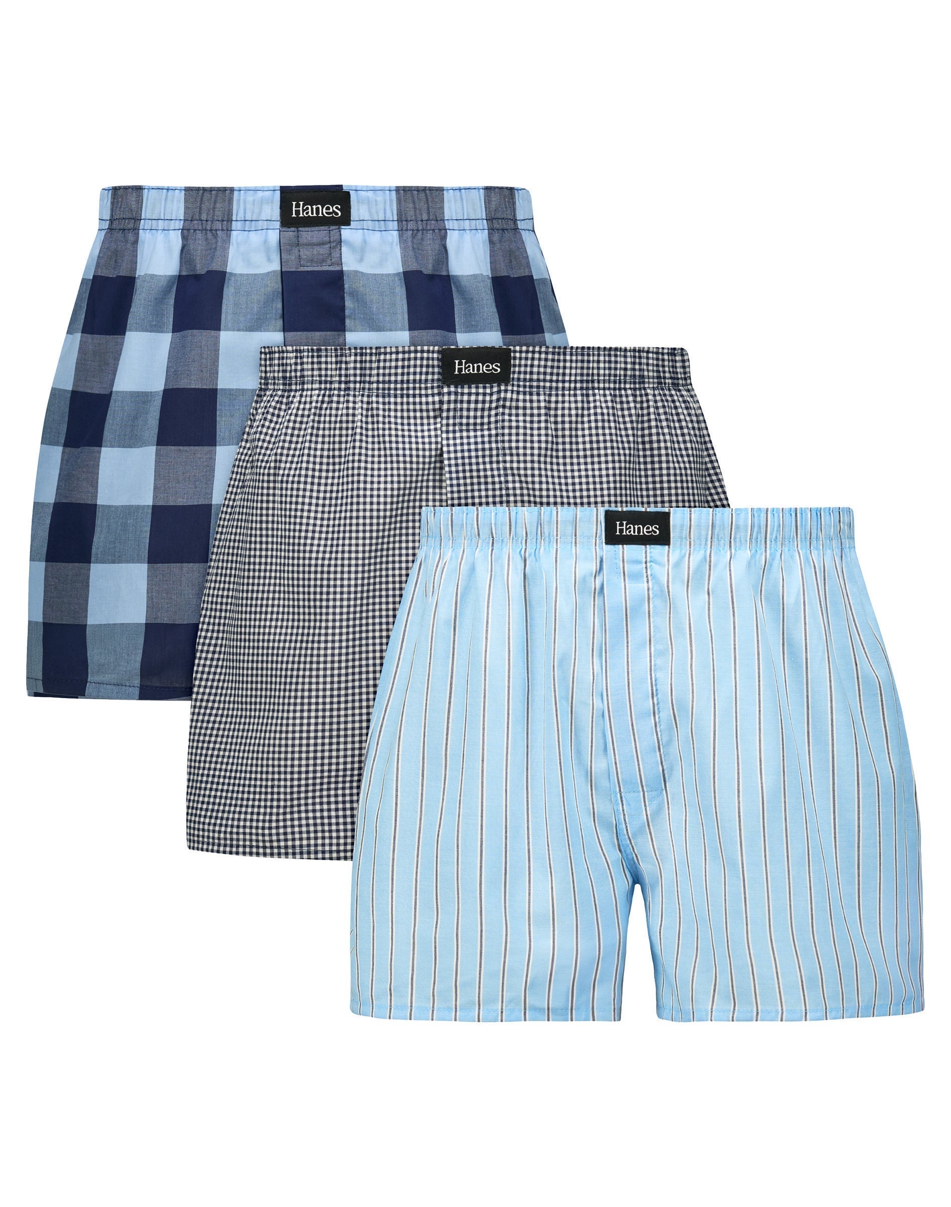 Hanes Originals Ultimate Men's Cotton Stretch Woven Boxer Underwear, Blue Plaids/Prints, 3-Pack Stripe
