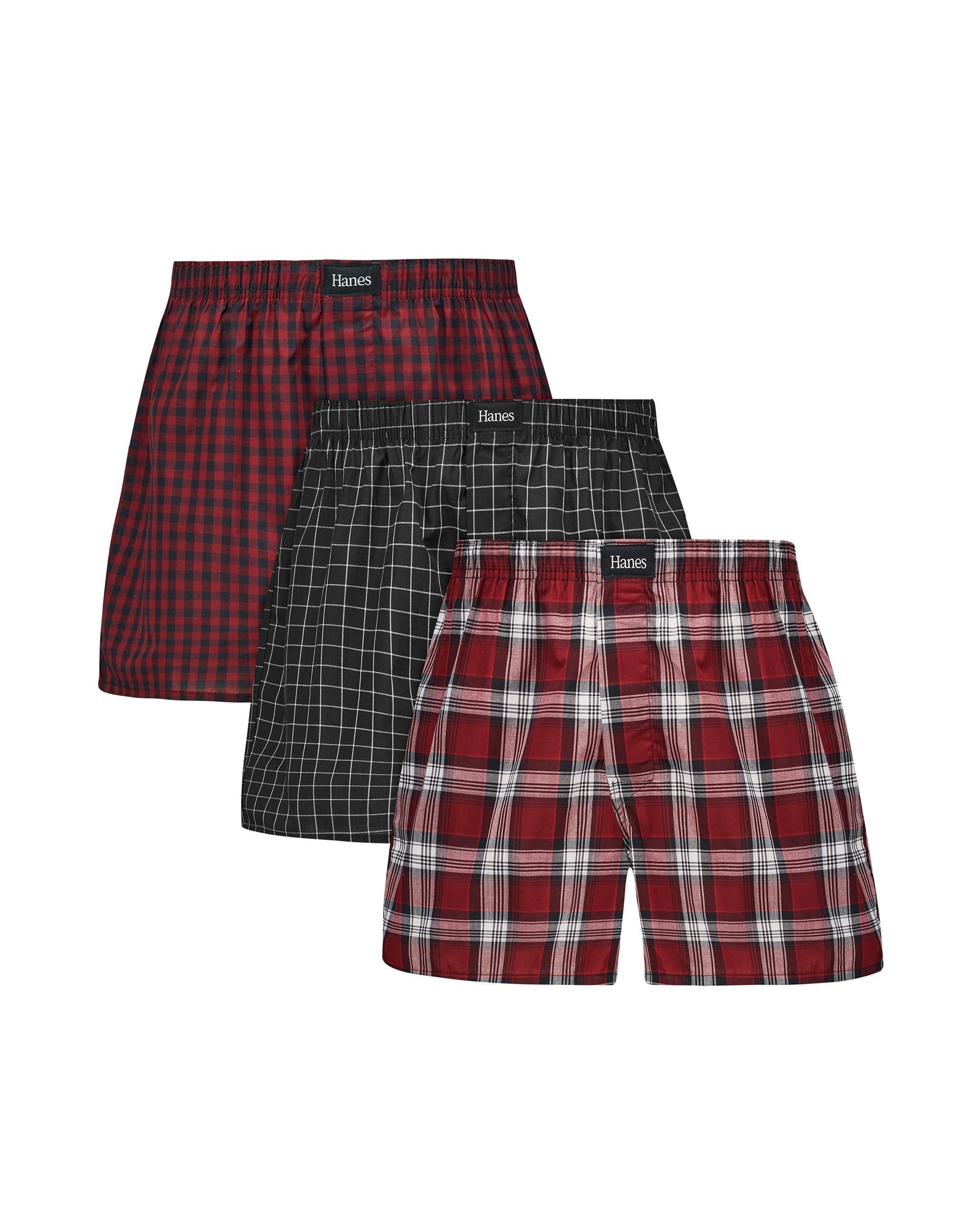 Hanes Originals Ultimate Men's Cotton Stretch Woven Boxer Underwear, Red/Black Plaids, 3-Pack Small Black Red Checkers L