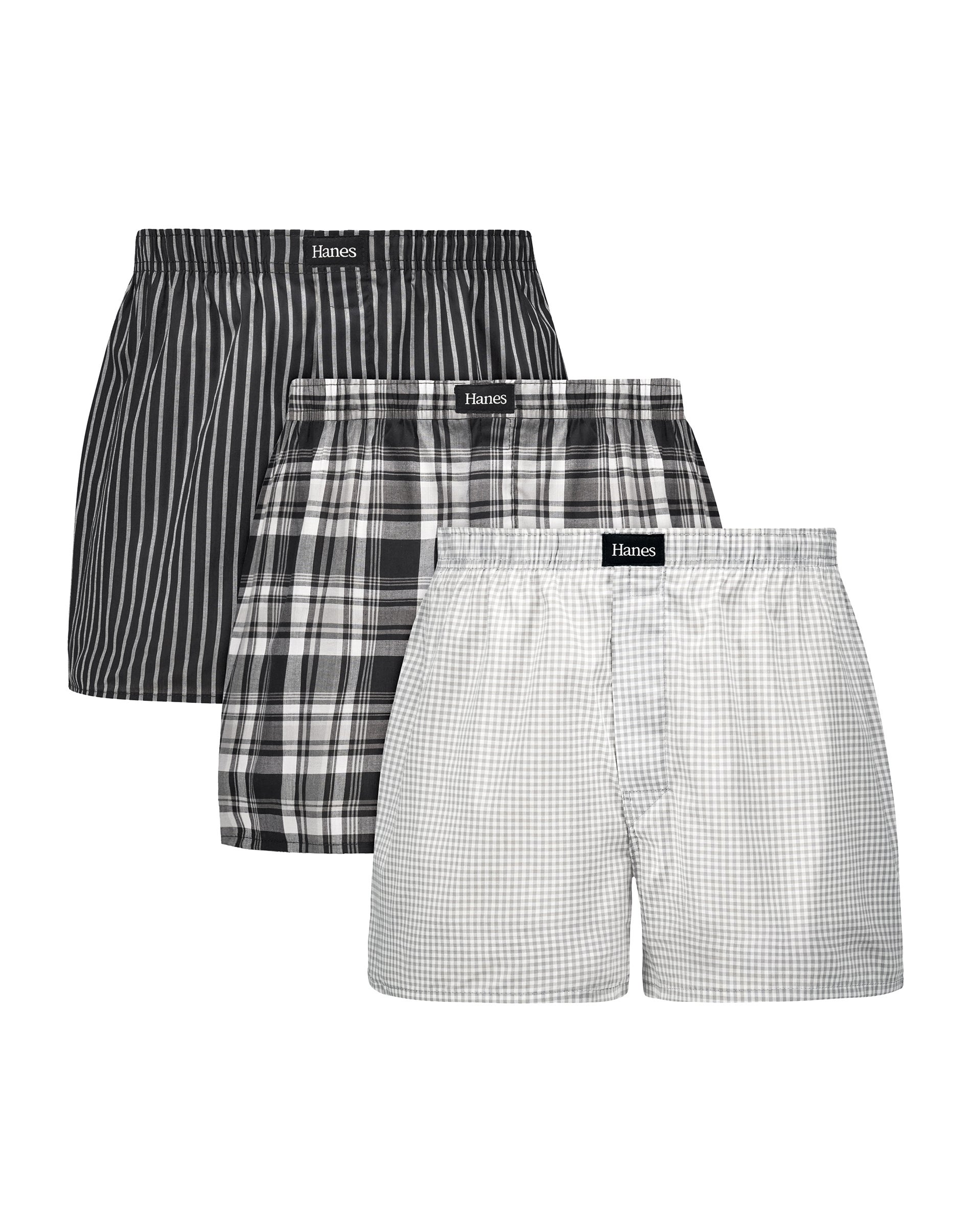 Hanes Originals Ultimate Men's Cotton Stretch Woven Boxer Underwear, Plaids/Prints, 3-Pack Small Grey White Checkers L